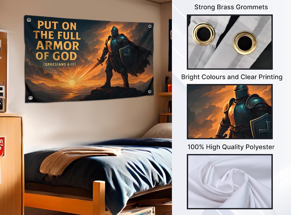 3x5 Feet Flags with Quote "Put on the Full Armor" with Four Brass Grommets - Single Sided Easter Decorations Poster - Polyester Funny Tapestry