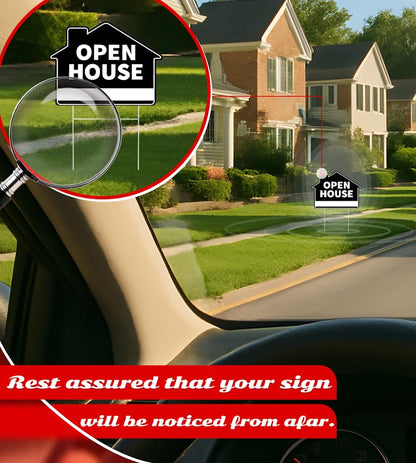 Set of 3 Double Sided 12x16 Inches Plastic Open House Signs with Metal H-Stakes - Black Sign for Real Estate Agent Supplies