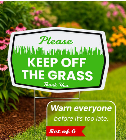Set of 3 Double Sided 12x8 Inches Plastic Please Keep Off The Grass Thank You Signs with Metal H-Stakes - Curb Your Dog no Pooping