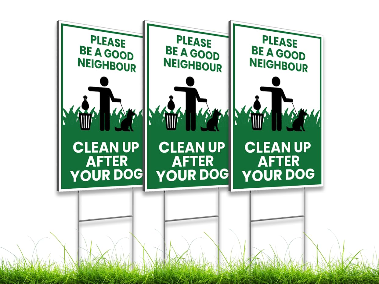 3X Single Sided 12х8 inch Clean Up After Your Dog Plastic Sign with Metal H-Stakes - Be a Good Neighbor Sign - Pick Up Your Dog Poop Signs
