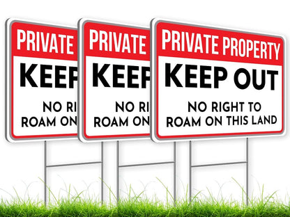 3X Private Property Plastic Sign with Stake - 12x8 Inches Keep Out Double Sided Signs - No Right to Roam On This Land - for Property Protection