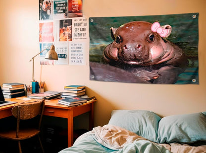 3x5 Feet Cute Baby Hippopotamus Flag with Four Brass Grommets - Single Sided Cool Small Animal Posters for Room Teen Girls - Polyester Huge Wall