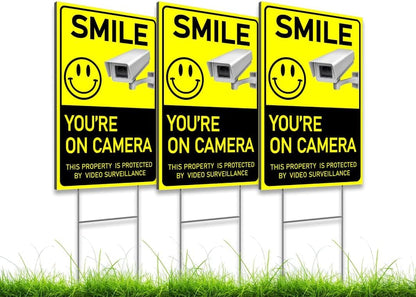 Set of 3 Smile You’re On Camera Signs Wire H-Stakes - 8x12 Inch This Property Is Protected By Video Surveillance. Private Property Video Home Security