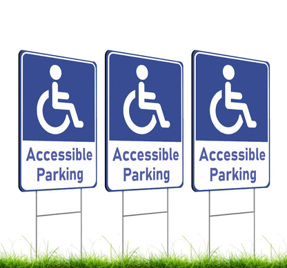 Set of 3 Double Sided 12x16 Inches "Accessible Parking" Plastic Sign with Metal H-Stakes - Reserved Spaces for Handicap Permit Vehicles