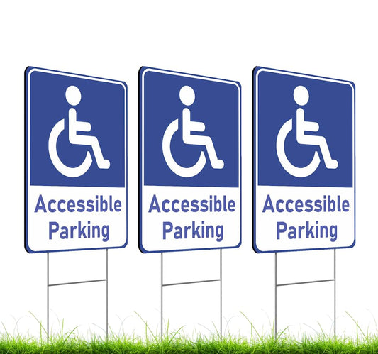 Set of 3 Double Sided 12x16 Inches "Accessible Parking" Plastic Sign with Metal H-Stakes - Reserved Spaces for Handicap Permit Vehicles