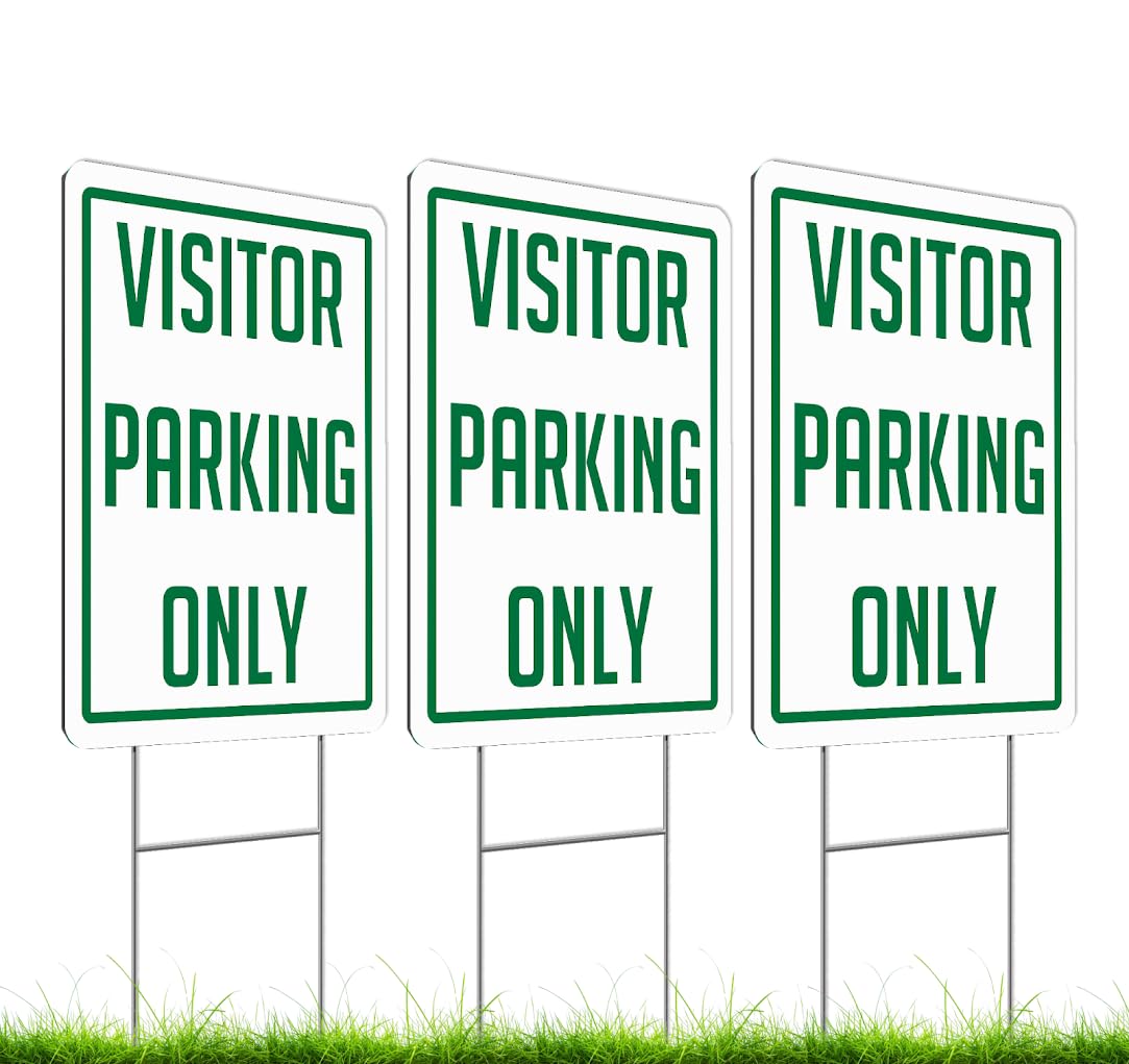 Set of 3 Double Sided 12x16 Inch Plastic Sign "Visitor Parking Only" with Metal H-Stakes - Plastic Parking Signs Green on White