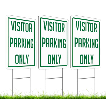 Set of 3 Double Sided 12x16 Inch Plastic Sign "Visitor Parking Only" with Metal H-Stakes - Plastic Parking Signs Green on White