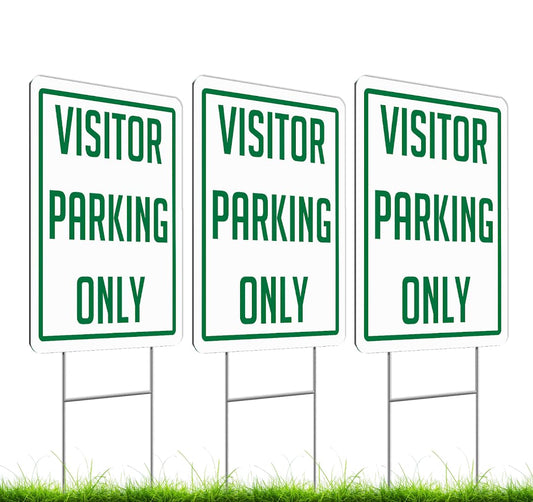 Set of 3 Double Sided 12x16 Inch Plastic Sign "Visitor Parking Only" with Metal H-Stakes - Plastic Parking Signs Green on White