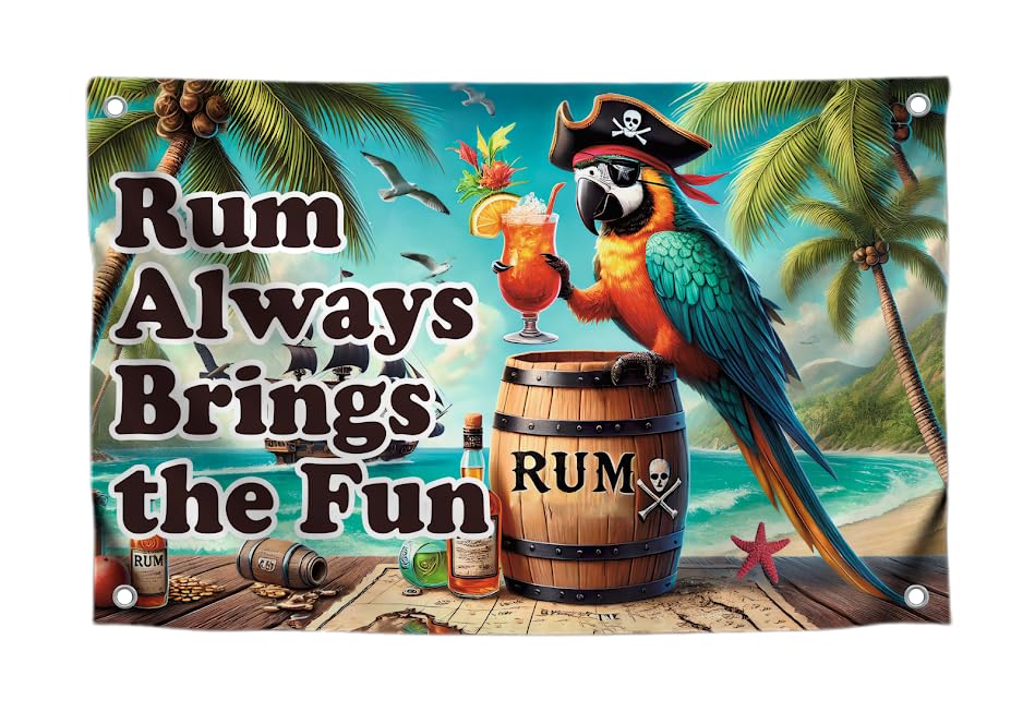 3x5 Feet Flag with 4 Brass Grommets - Tropical Pirate Parrot Flag - "Rum Always Brings Fun" Quote Design - Outdoor Banner for Summer