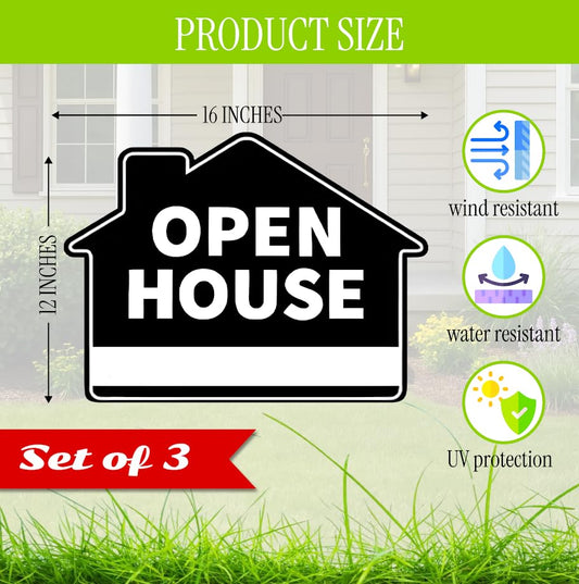 Set of 3 Double Sided 12x16 Inches Plastic Open House Signs with Metal H-Stakes - Black Sign for Real Estate Agent Supplies