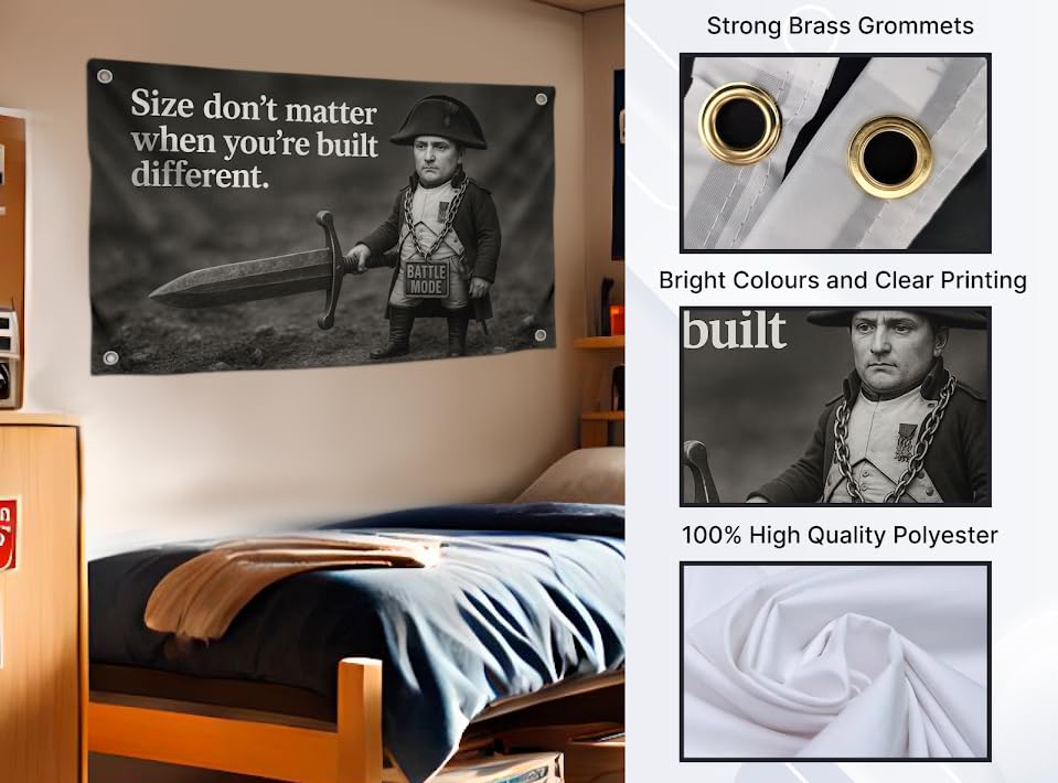3x5 Feet Napoleon Humor Meme Flags with Quote ''Size Don't Matter When You're Built Different." with Four Brass Grommets - Coolest Polyester Poster