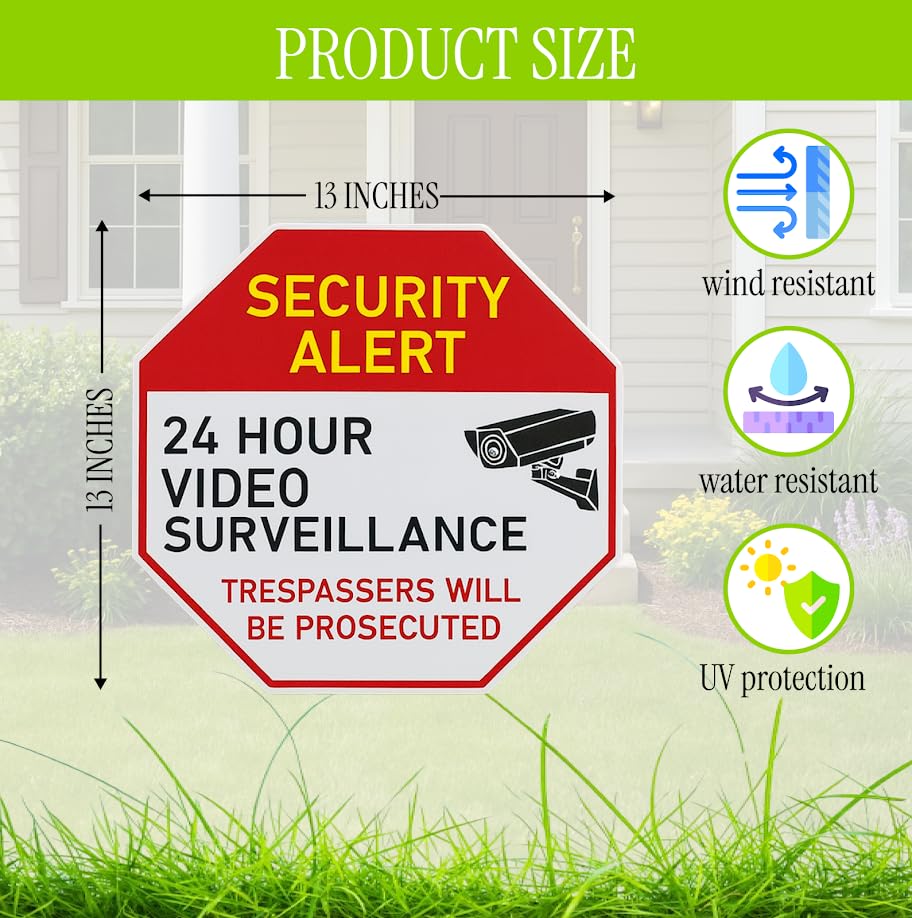 Set of 3 Double Sided 13x13 Inches Plastic 24 Hour Surveillance Signs with Metal H-Stakes - No Intrusion Sign Private Property