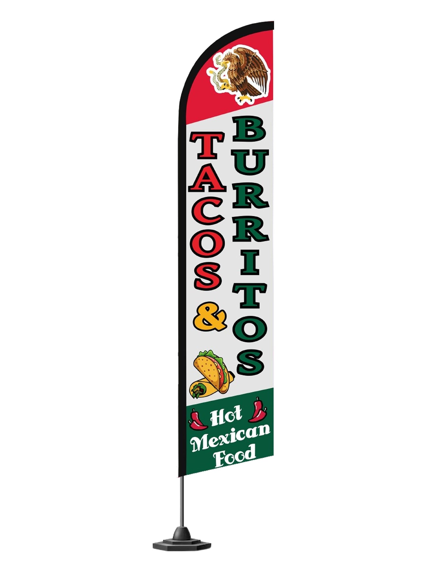 12x2.5 Feet Tall Feather Flags "Tacos & Burritos" - Advertising Replacement Feather Banner - Single Sided Feathers Banners Food Themed