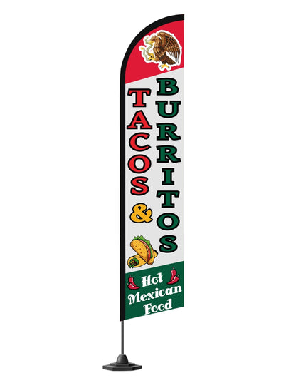 12x2.5 Feet Tall Feather Flags "Tacos & Burritos" - Advertising Replacement Feather Banner - Single Sided Feathers Banners Food Themed