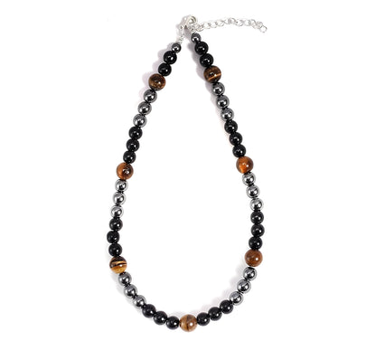 Triple Protection Necklace With Genuine Stone Tiger Eye Black Obsidian and Hematite - Bad Energy Protection Beads Crystal Necklace for Men and Women
