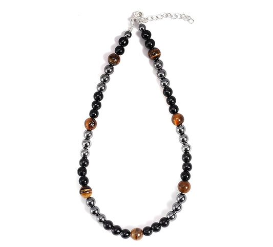 Triple Protection Necklace With Genuine Stone Tiger Eye Black Obsidian and Hematite - Bad Energy Protection Beads Crystal Necklace for Men and Women