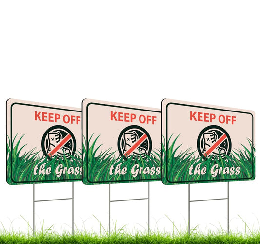 Set of 3 Double Sided 12x8 Inches Plastic Sign With H-Stakes "KEEP OFF the Grass" - Signs do not Walk on the Garden in the Yard