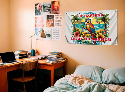 3x5 Ft Single Sided Flag with 4 Brass Grommets - Tropical Parrot with Colorful Margarita Tapestry - "Sip Happens Enjoy the Tropics" Quote Polyester