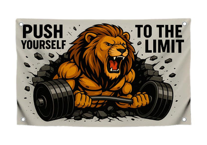 3x5 Feet Motivation Gym Flag with Quote "Push Yourself To The Limit" with Four Brass Grommets - Lion Inspirational Banner for Wall Decoration