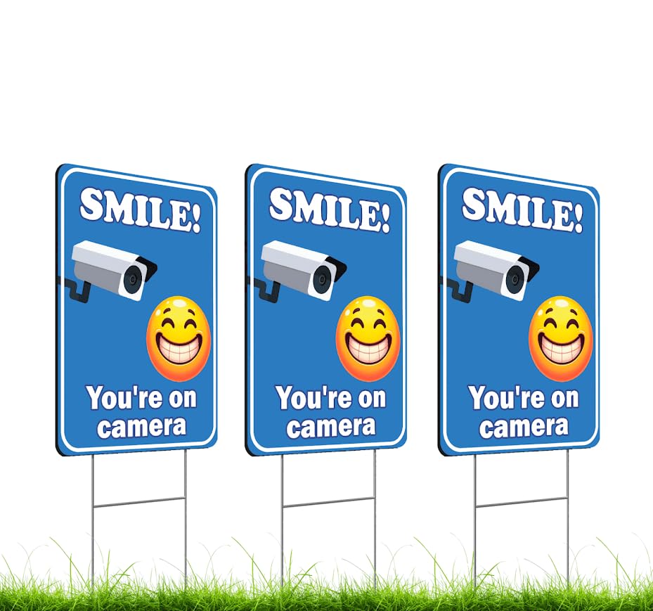 Set of 3 Double Sided 12x8 Inches Plastic Sign With H-Stakes "SMILE! You'reon Camera" - Tresspassing Video Surveillance Private Property Signs