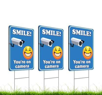 Set of 3 Double Sided 12x8 Inches Plastic Sign With H-Stakes "SMILE! You'reon Camera" - Tresspassing Video Surveillance Private Property Signs