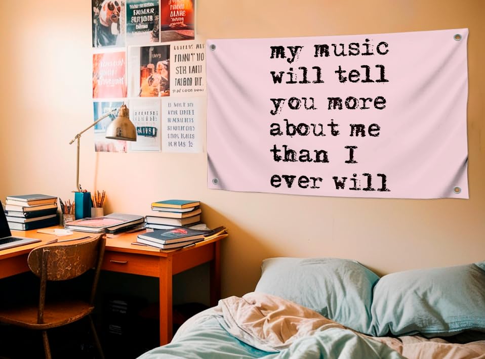 3x5 Feet Positive Flag with Quote "My Music Will Tell You More About Me Than I Ever Will" with Four Brass Grommets - Single Sided Funny Flag for Wall