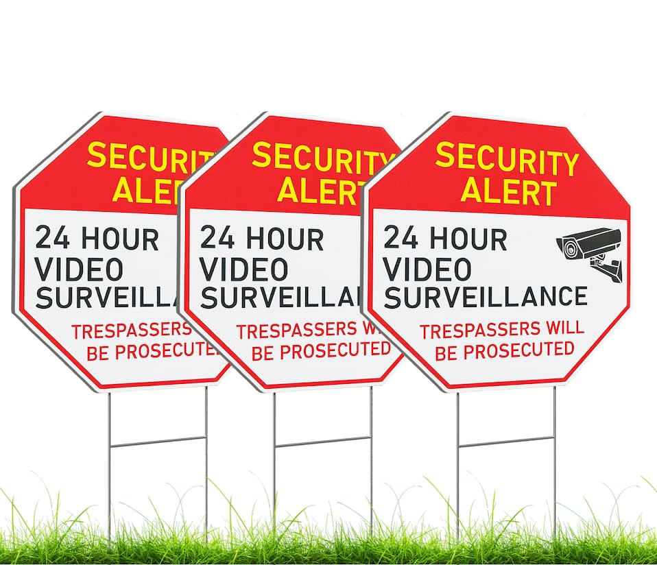 Set of 3 Double Sided 13x13 Inches Plastic 24 Hour Surveillance Signs with Metal H-Stakes - No Intrusion Sign Private Property