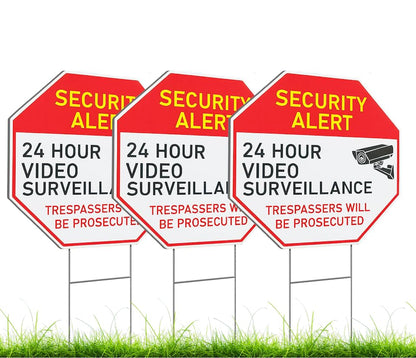 Set of 3 Double Sided 13x13 Inches Plastic 24 Hour Surveillance Signs with Metal H-Stakes - No Intrusion Sign Private Property