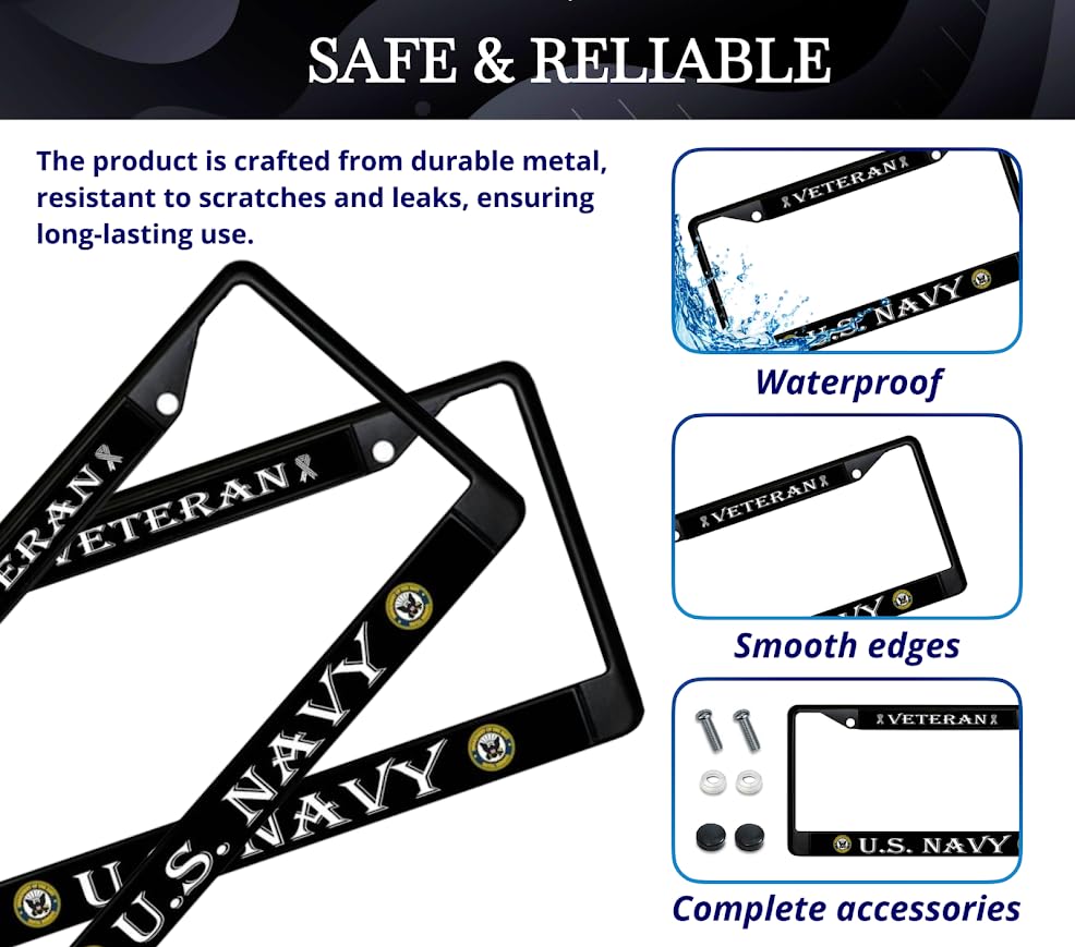 Car License Plate Frame - Standart Cars USA Stainless Steel Frame for Front and Rear - License Plate Frame US Navy Veteran