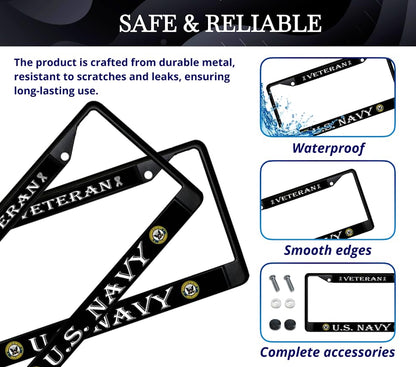 Car License Plate Frame - Standart Cars USA Stainless Steel Frame for Front and Rear - License Plate Frame US Navy Veteran