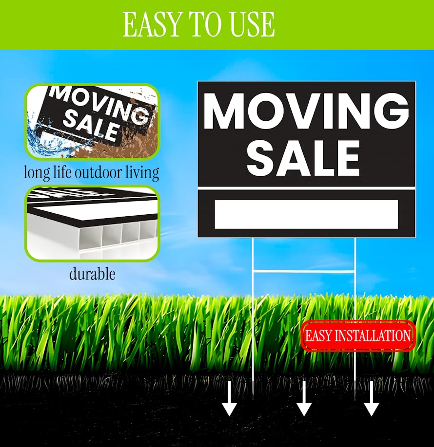 Set of 3 Double Sided 12x8 Inches Plastic Black Moving Sale Signs with Metal H-Stakes - Moving Sale Sign for Real Estate Agents