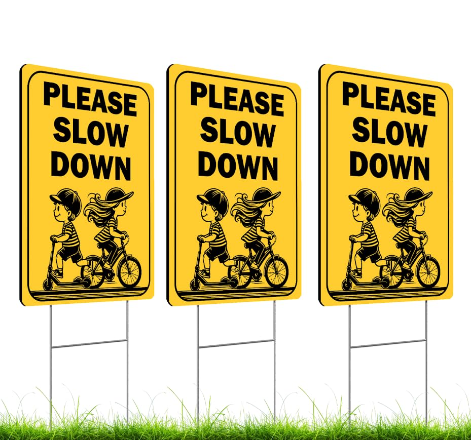 Set of 3 Double Sided 12x16 Inches "Please Slow Down" Sign with Metal H-Stakes - Сhildren at Play Safety Signage for Street