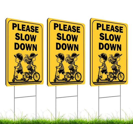 Set of 3 Double Sided 12x16 Inches "Please Slow Down" Sign with Metal H-Stakes - Сhildren at Play Safety Signage for Street