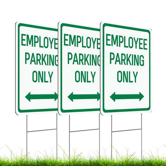 Set of 3 Double Sided 12x16 Inches Employee Parking Only Sign with Metal Wire H-Stakes - Plastic Sign with Bidirectional Arrow