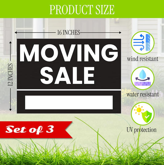 Set of 3 Double Sided 12x8 Inches Plastic Black Moving Sale Signs with Metal H-Stakes - Moving Sale Sign for Real Estate Agents