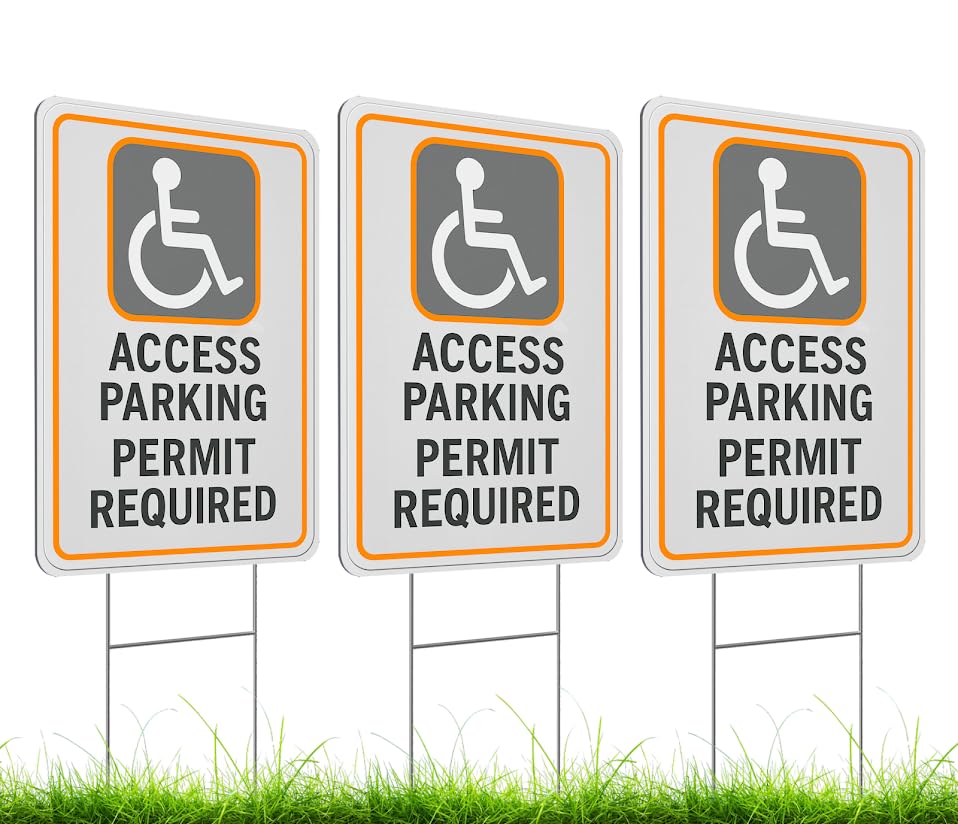 Set of 3 Double Sided 12x16 Inches Access Parking Permit Required Sign with Metal Wire H-Stakes - No Parking Road Traffic Signs for Garden Decoration