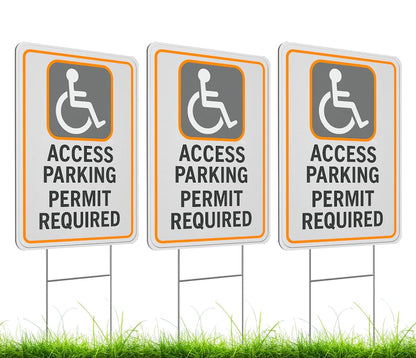 Set of 3 Double Sided 12x16 Inches Access Parking Permit Required Sign with Metal Wire H-Stakes - No Parking Road Traffic Signs for Garden Decoration