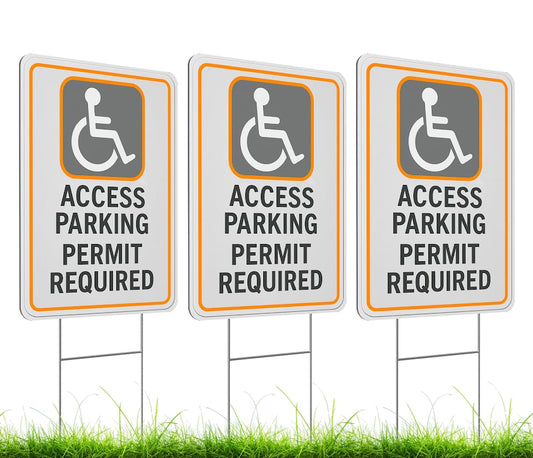 Set of 3 Double Sided 12x16 Inches Access Parking Permit Required Sign with Metal Wire H-Stakes - No Parking Road Traffic Signs for Garden Decoration