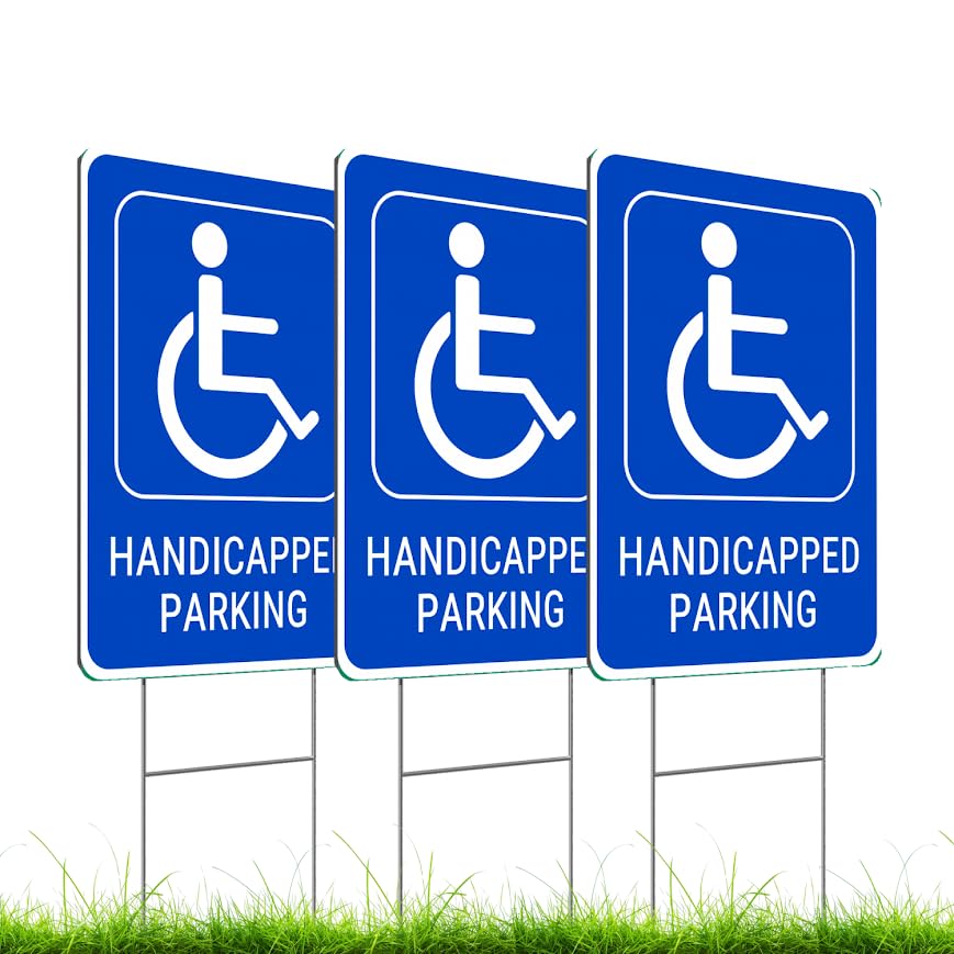 Set of 3 Double Sided 12x8 Inches Handicapped Parking with Metal Wire H-Stakes - Plastic Reserved Parking Signs for Handicapped Only