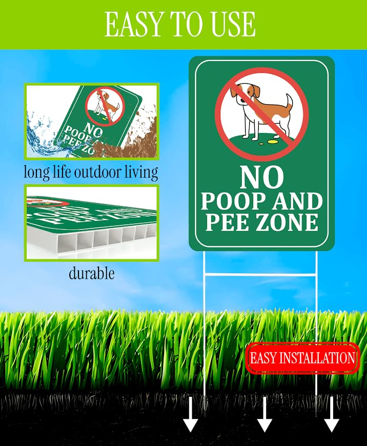 Set of 3 Double Sided 12x8 Inches Plastic Sign "No Poop and Pee Zone" with Metal H-Stakes