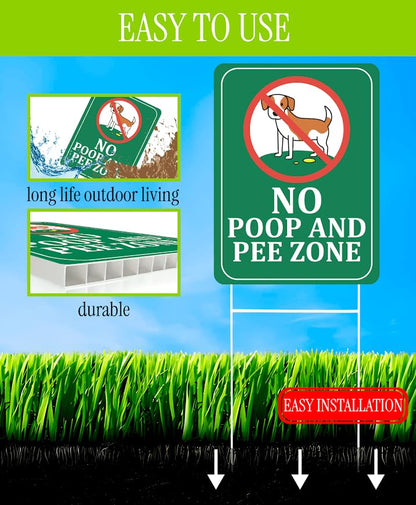 Set of 3 Double Sided 12x8 Inches Plastic Sign "No Poop and Pee Zone" with Metal H-Stakes