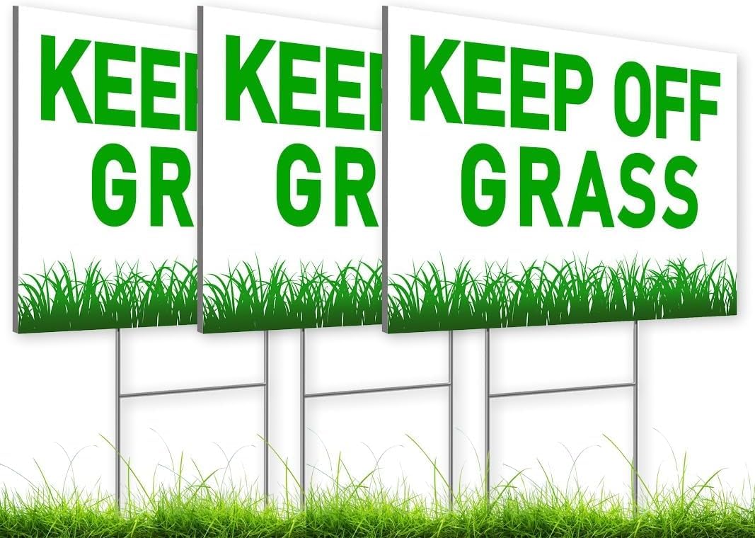Set of 3 Please Keep Off Grass Signs with Metal Wire H-Stakes - 12x8 Inch Plastic Coroplast Security Please Stay Off My Grass - No Pet Pooping