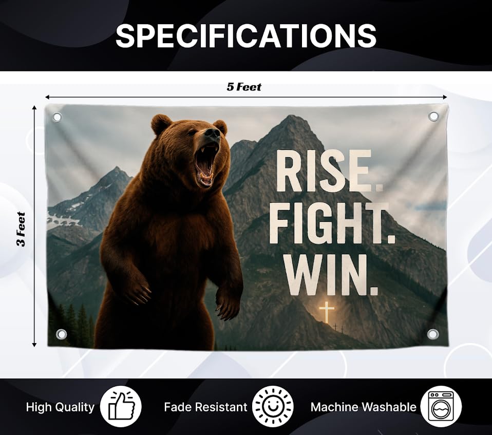 3x5 Feet Motivation Flag with Big Bear and Quote ''Rise. Fight. Win.'' for Gym Room Guys with Four Brass Grommets - Single Sided Animal Meme Tapestry