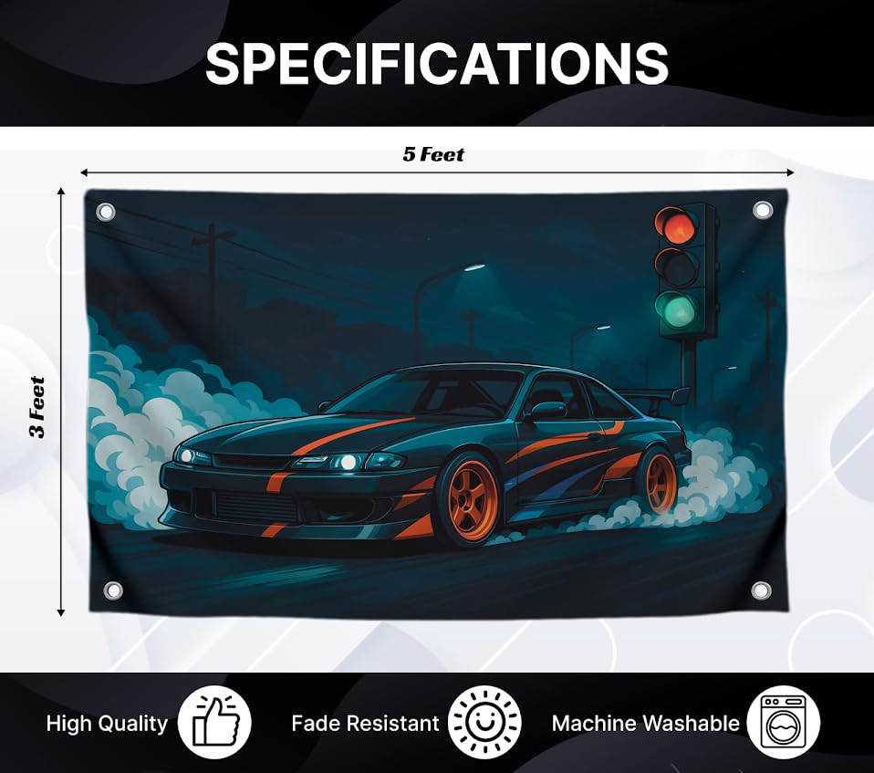 Cool Flag 3x5 Feet Sports Car "Street Drift in Lights of Night City" - Single Sided Polyester Tapestry with Four Brass Grommets. Wall Flags Decoration