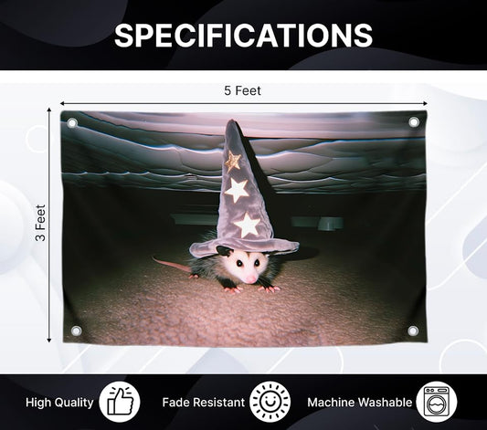 3x5 Ft Cool Funny Flags - Magic Possum in a Magician's Hat with 4 Brass Grommets - Wall Tapestry for Dorm Room or Outdoor Decor - Single Sided Banner