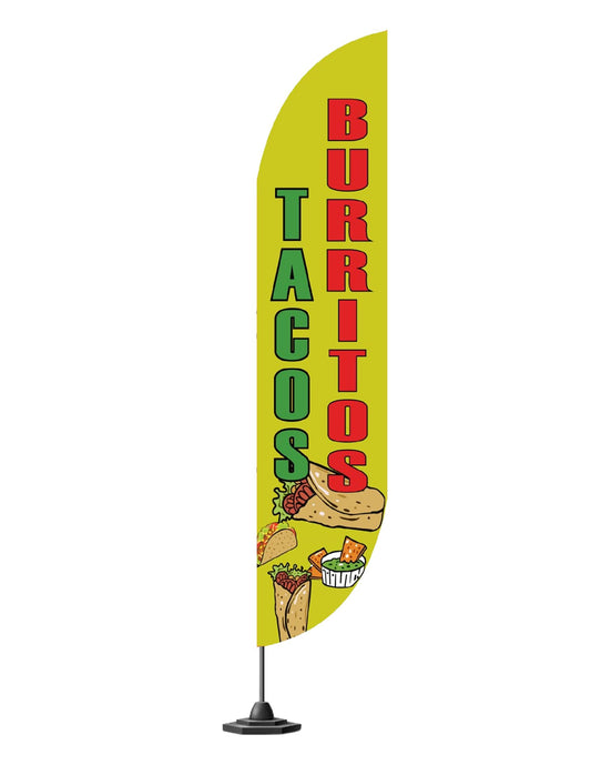 12x2.5 Feet Tall Feather Flags "Tacos and Burritos" - Outdoor Business Advertising Tall Flag - Single Sided Feathers Banners Food Themed