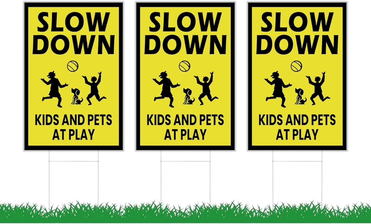 3 Pack Single Sided 8x12 Please Slow Down Kids and Pets at Play Yard Plastic Sign with Metal H-Stakes - Children At Play
