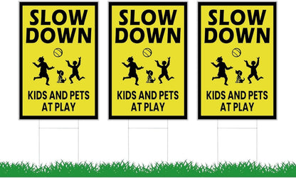 3 Pack Single Sided 8x12 Please Slow Down Kids and Pets at Play Yard Plastic Sign with Metal H-Stakes - Children At Play