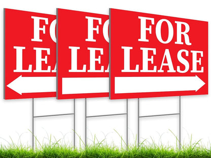 Pack of 3 Double sided Corrugated Plastic Red White for Lease Sign with H Stake 12" x 8" inch - Tall Stands for Outdoor House Business Supplies