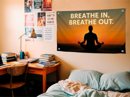 3x5 Feet Polyester Meditation Flag with Quote "Breathe In, Breathe Out" with Four Brass Grommets - Motivation Tapestries Banner for Bedroom